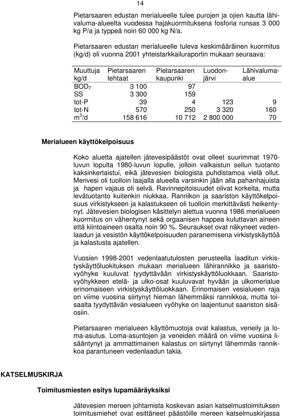 Lähivalumaalue BOD 7 3 100 97 SS 3 300 159 tot-p 39 4 123 9 tot-n 570 250 3 320 160 m 3 /d 158 616 10 712 2 800 000 70 Merialueen käyttökelpoisuus Koko aluetta ajatellen jätevesipäästöt ovat olleet