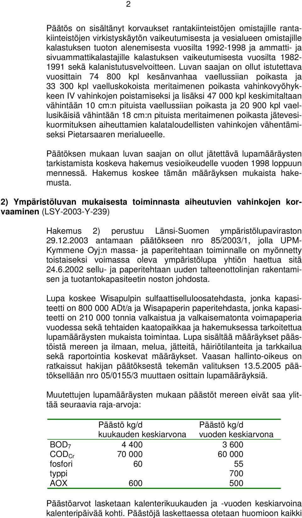 Luvan saajan on ollut istutettava vuosittain 74 800 kpl kesänvanhaa vaellussiian poikasta ja 33 300 kpl vaelluskokoista meritaimenen poikasta vahinkovyöhykkeen IV vahinkojen poistamiseksi ja lisäksi