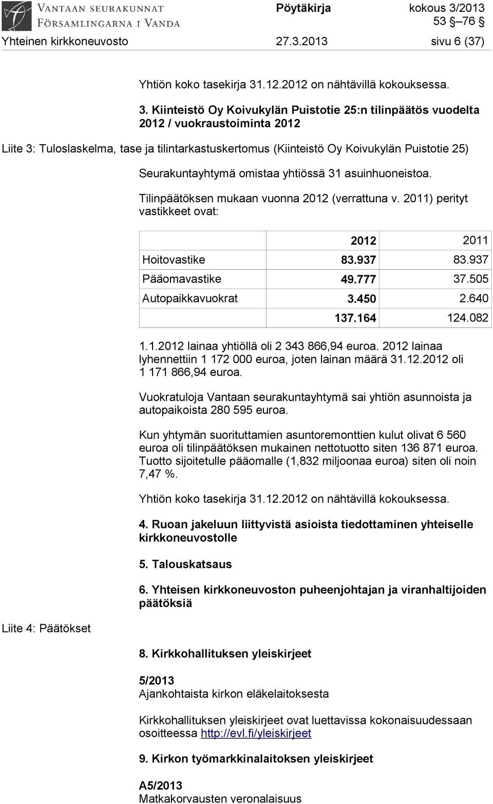 Kiinteistö Oy Koivukylän Puistotie 25:n tilinpäätös vuodelta 2012 / vuokraustoiminta 2012 Liite 3: Tuloslaskelma, tase ja tilintarkastuskertomus (Kiinteistö Oy Koivukylän Puistotie 25) Liite 4: