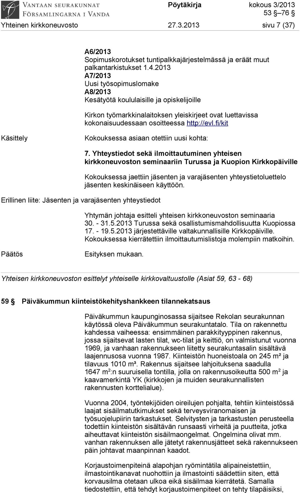 fi/kit Käsittely Kokouksessa asiaan otettiin uusi kohta: Erillinen liite: Jäsenten ja varajäsenten yhteystiedot 7.