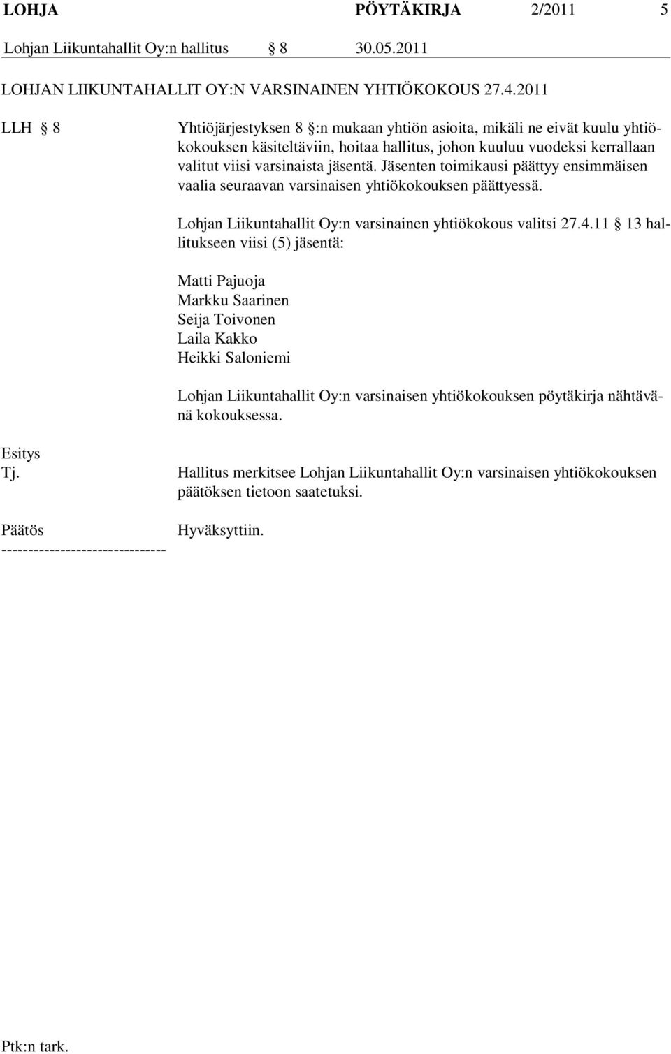 Jäsenten toimikausi päättyy ensimmäisen vaalia seuraavan varsinaisen yhtiökokouksen päättyessä. Lohjan Liikuntahallit Oy:n varsinainen yhtiökokous valitsi 27.4.