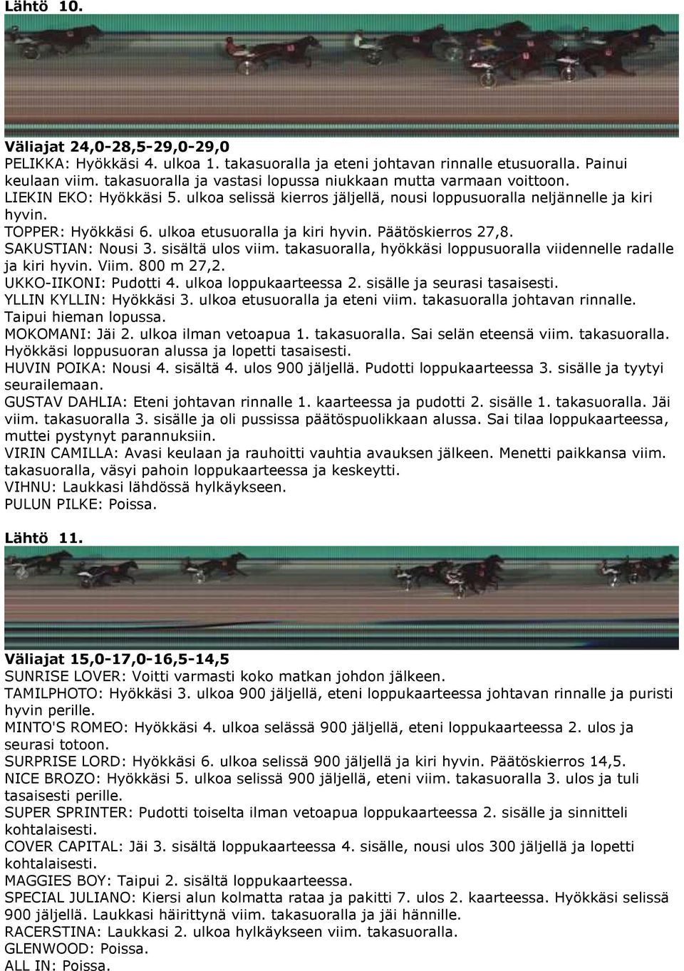 ulkoa etusuoralla ja kiri hyvin. Päätöskierros 27,8. SAKUSTIAN: Nousi 3. sisältä ulos viim. takasuoralla, hyökkäsi loppusuoralla viidennelle radalle ja kiri hyvin. Viim. 800 m 27,2.