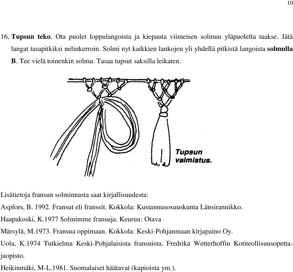 Lisätietoja fransun solminnasta saat kirjallisuudesta: Aspfors, B. 1992. Fransut eli franssit. Kokkola: Kustannusosuuskunta Länsirannikko. Haapakoski, K.