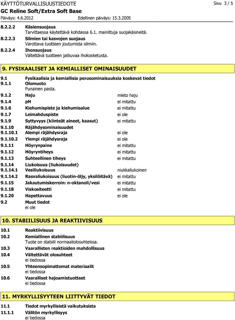 1 Fysikaalisia ja kemiallisia perusominaisuuksia koskevat tiedot 9.1.1 Olomuoto Punainen pasta. 9.1.2 Haju mieto haju 9.1.4 ph ei mitattu 9.1.6 Kiehumispiste ja kiehumisalue ei mitattu 9.1.7 Leimahduspiste 9.