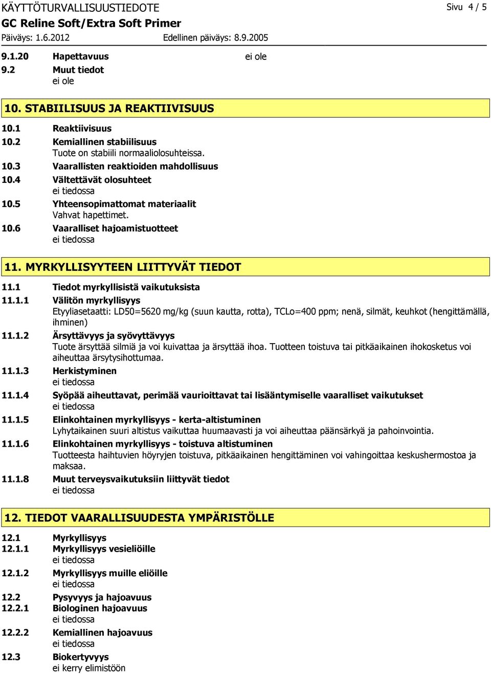 5 Yhteensopimattomat materiaalit Vahvat hapettimet. 10.6 Vaaralliset hajoamistuotteet 11. MYRKYLLISYYTEEN LIITTYVÄT TIEDOT 11.1 Tiedot myrkyllisistä vaikutuksista 11.1.1 Välitön myrkyllisyys Etyyliasetaatti: LD50=5620 mg/kg (suun kautta, rotta), TCLo=400 ppm; nenä, silmät, keuhkot (hengittämällä, ihminen) 11.