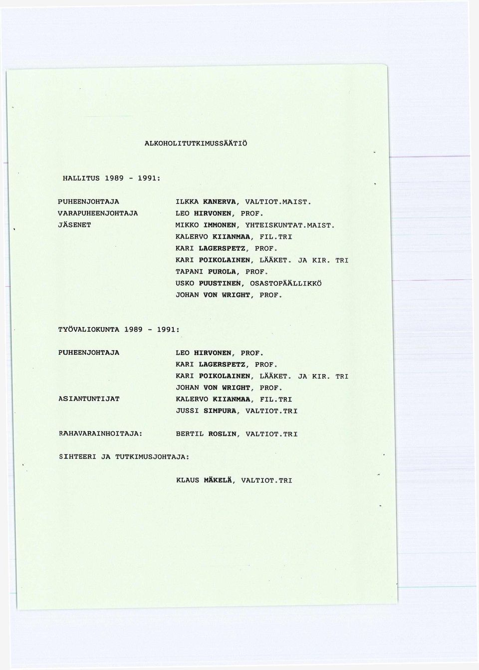 USKO PUUSTINEN, OSASTOPÄÄLLIKKÖ JOHAN VON WRIGHT, PROF. TYÖVALIOKUNTA 1989-1991: PUHEENJOHTAJA ASIANTUNTIJAT LEO HIRVONEN, PROF.
