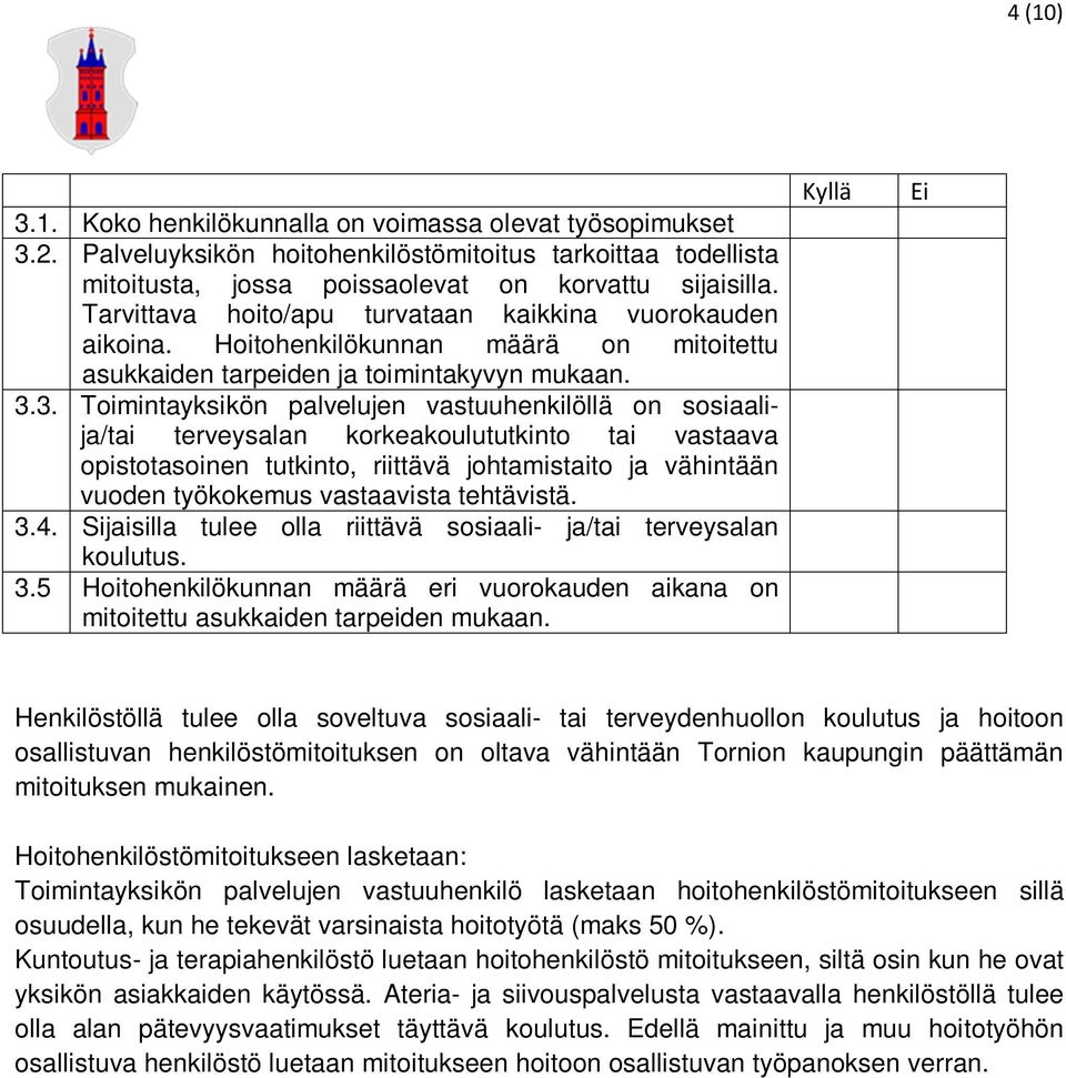 3. Toimintayksikön palvelujen vastuuhenkilöllä on sosiaalija/tai terveysalan korkeakoulututkinto tai vastaava opistotasoinen tutkinto, riittävä johtamistaito ja vähintään vuoden työkokemus