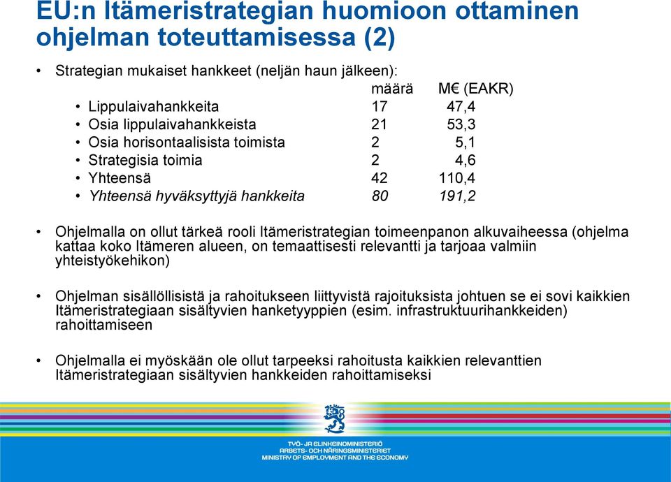 (ohjelma kattaa koko Itämeren alueen, on temaattisesti relevantti ja tarjoaa valmiin yhteistyökehikon) Ohjelman sisällöllisistä ja rahoitukseen liittyvistä rajoituksista johtuen se ei sovi kaikkien