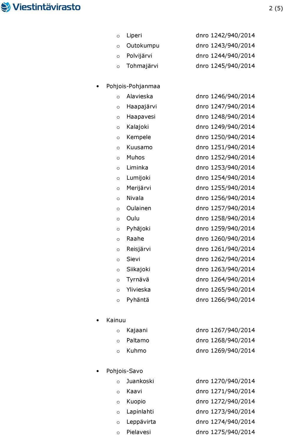 dnro 1254/940/2014 o Merijärvi dnro 1255/940/2014 o Nivala dnro 1256/940/2014 o Oulainen dnro 1257/940/2014 o Oulu dnro 1258/940/2014 o Pyhäjoki dnro 1259/940/2014 o Raahe dnro 1260/940/2014 o