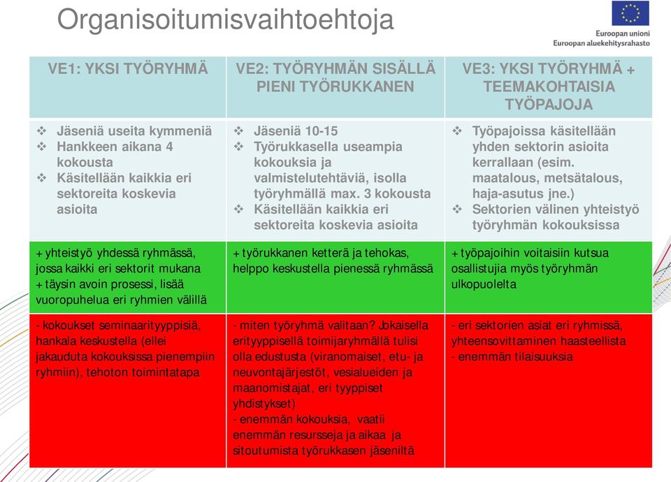 toimintatapa VE2: TYÖRYHMÄN SISÄLLÄ PIENI TYÖRUKKANEN Jäseniä 10-15 Työrukkasella useampia kokouksia ja valmistelutehtäviä, isolla työryhmällä max.