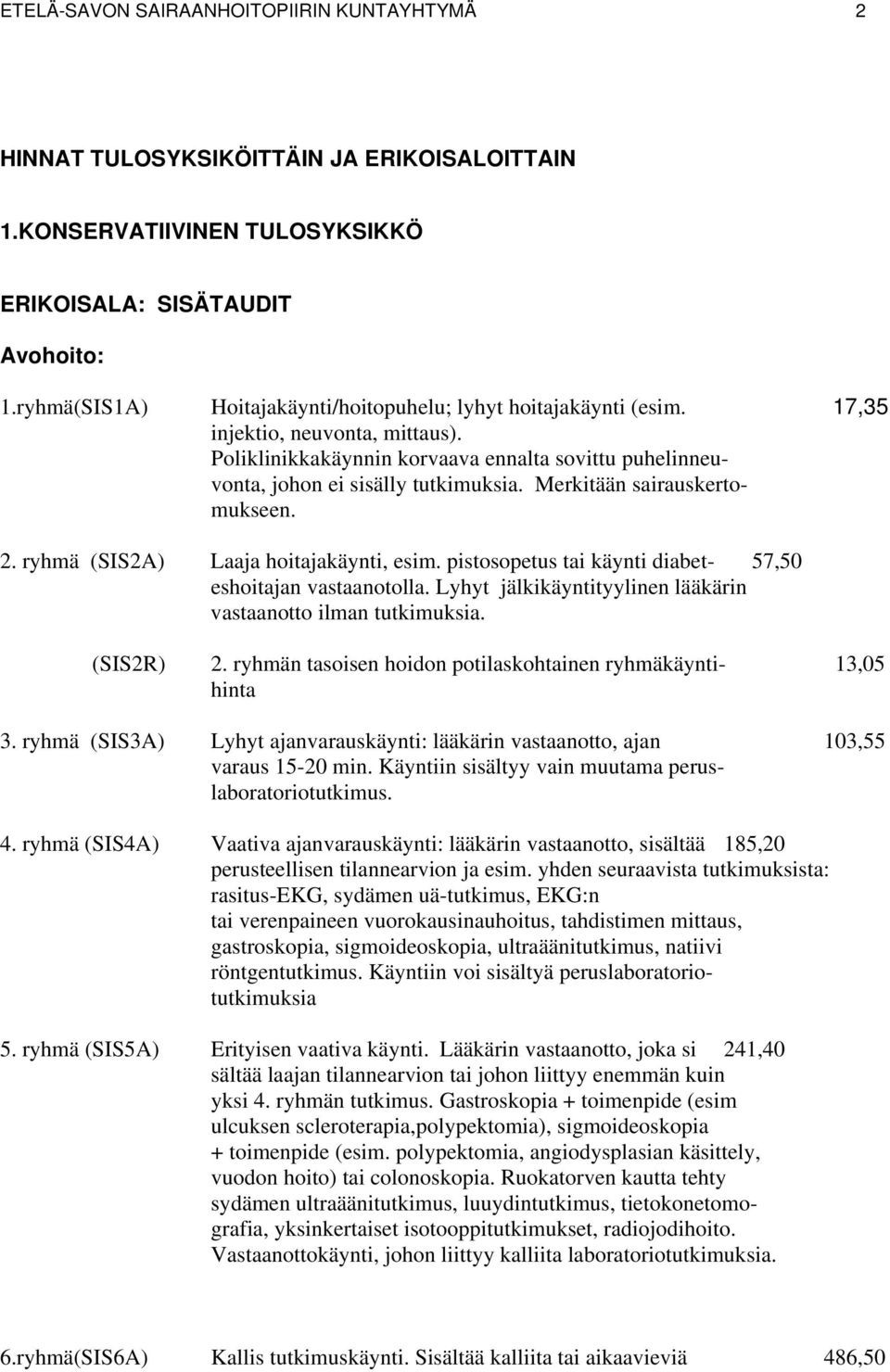 Merkitään sairauskertomukseen. 2. ryhmä (SIS2A) Laaja hoitajakäynti, esim. pistosopetus tai käynti diabet- 57,50 eshoitajan vastaanotolla.