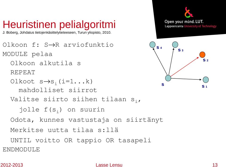 ..k) mahdlliset siirrt Valitse siirt siihen tilaan s i, jlle f(s i ) n suurin Odta, kunnes