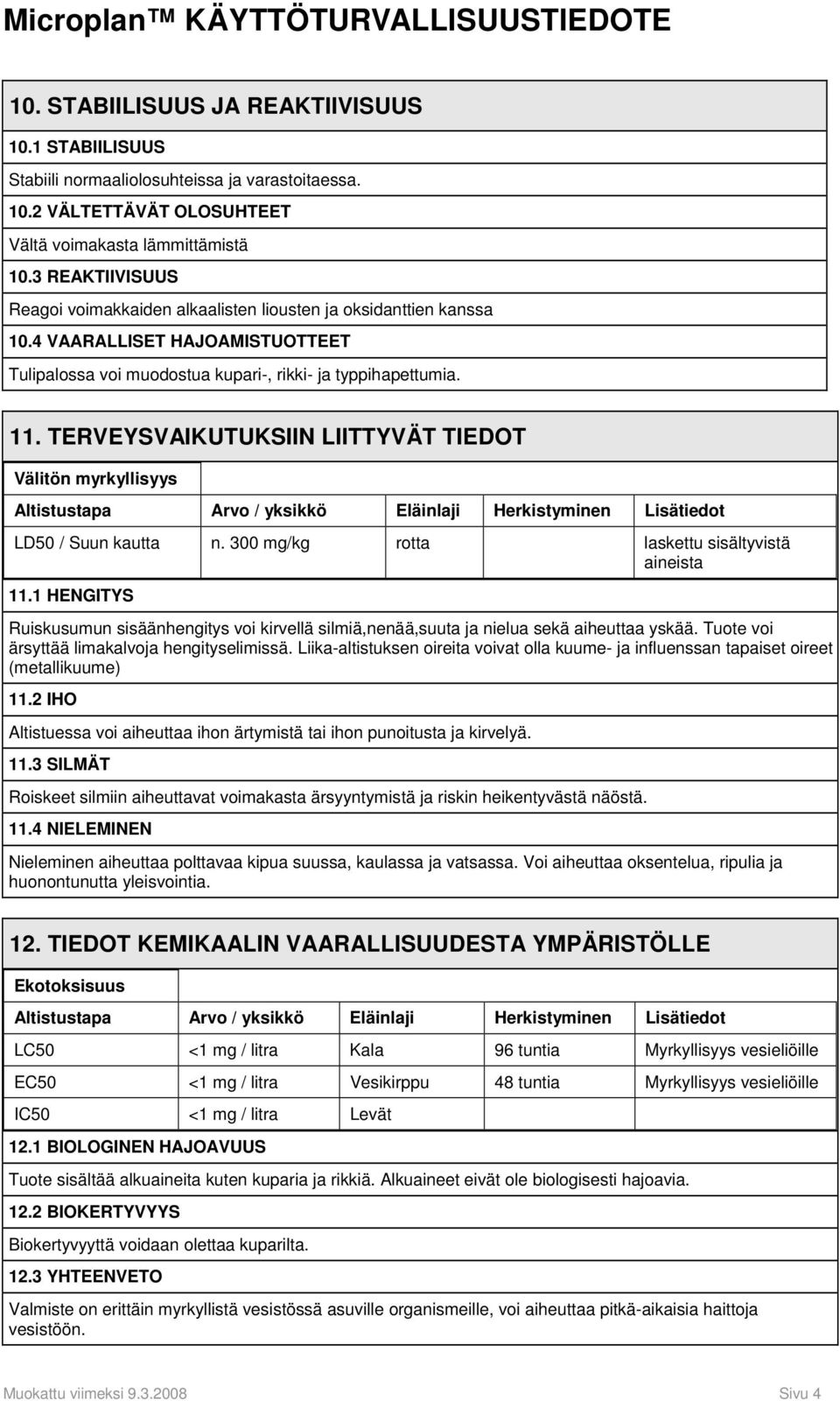 TERVEYSVAIKUTUKSIIN LIITTYVÄT TIEDOT Välitön myrkyllisyys Altistustapa Arvo / yksikkö Eläinlaji Herkistyminen Lisätiedot LD50 / Suun kautta n. 300 mg/kg rotta laskettu sisältyvistä aineista 11.