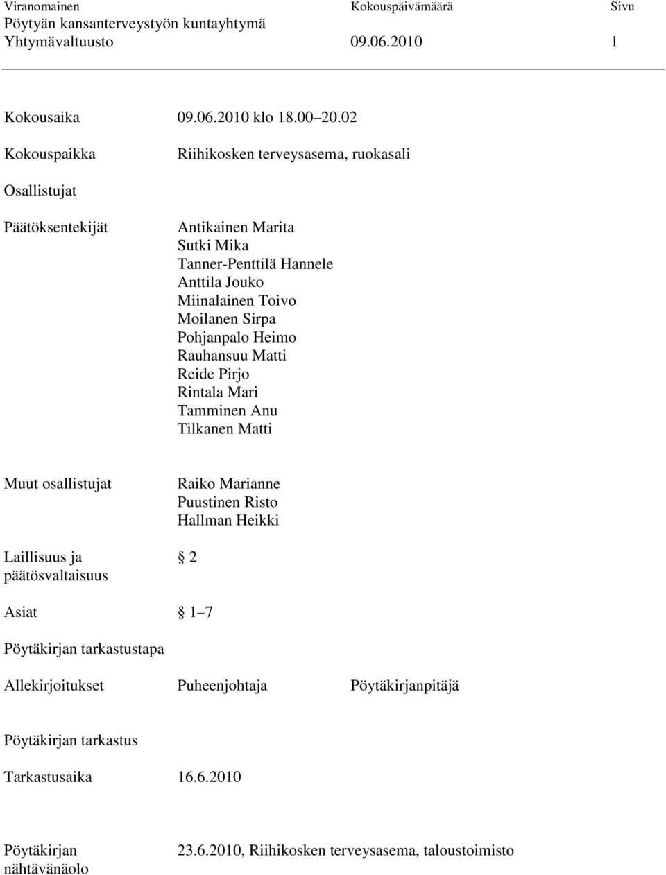 Miinalainen Toivo Moilanen Sirpa Pohjanpalo Heimo Rauhansuu Matti Reide Pirjo Rintala Mari Tamminen Anu Tilkanen Matti Muut osallistujat Raiko Marianne