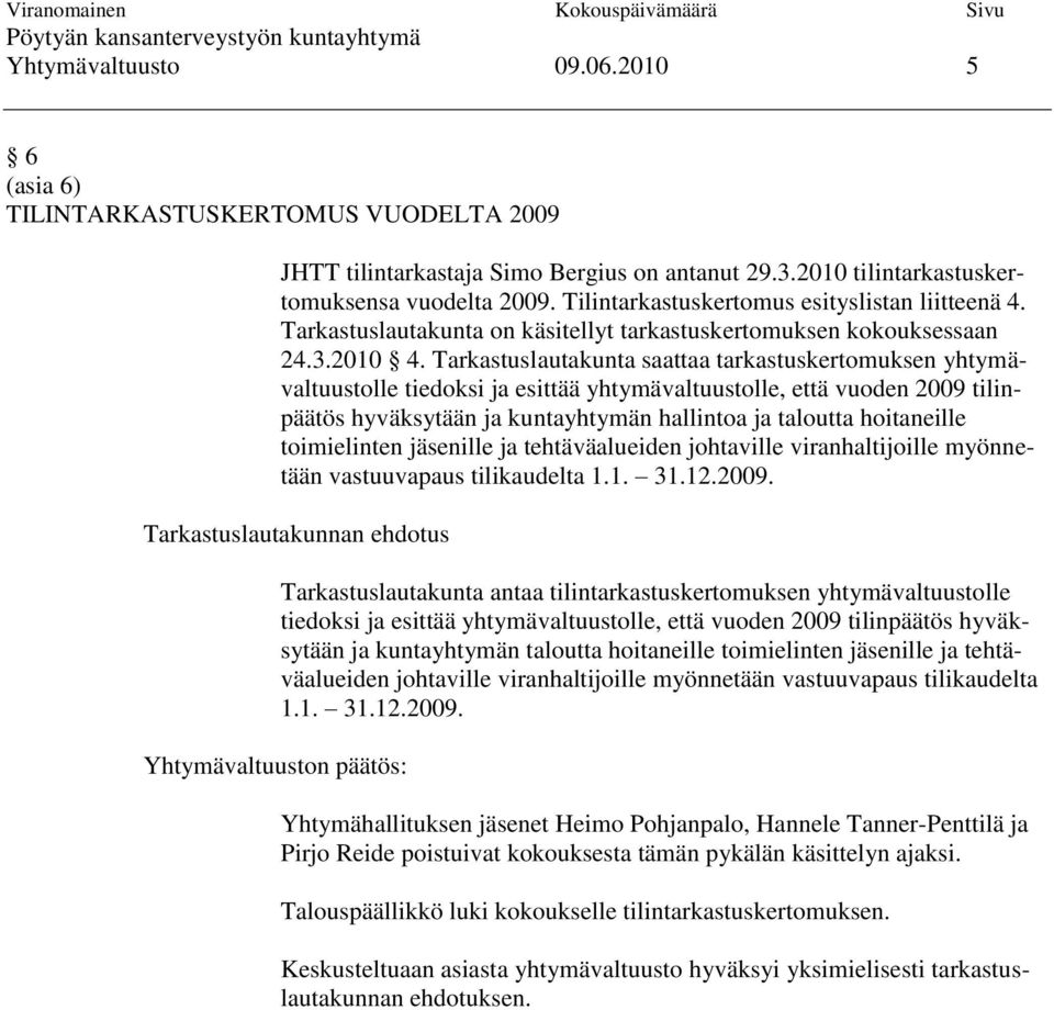 Tarkastuslautakunta saattaa tarkastuskertomuksen yhtymävaltuustolle tiedoksi ja esittää yhtymävaltuustolle, että vuoden 2009 tilinpäätös hyväksytään ja kuntayhtymän hallintoa ja taloutta hoitaneille