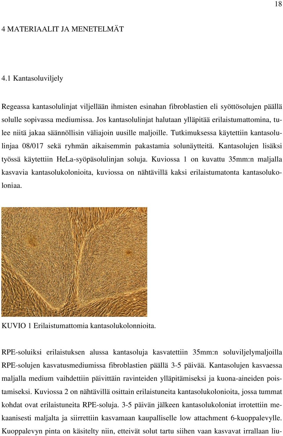 Tutkimuksessa käytettiin kantasolulinjaa 08/017 sekä ryhmän aikaisemmin pakastamia solunäytteitä. Kantasolujen lisäksi työssä käytettiin HeLa-syöpäsolulinjan soluja.