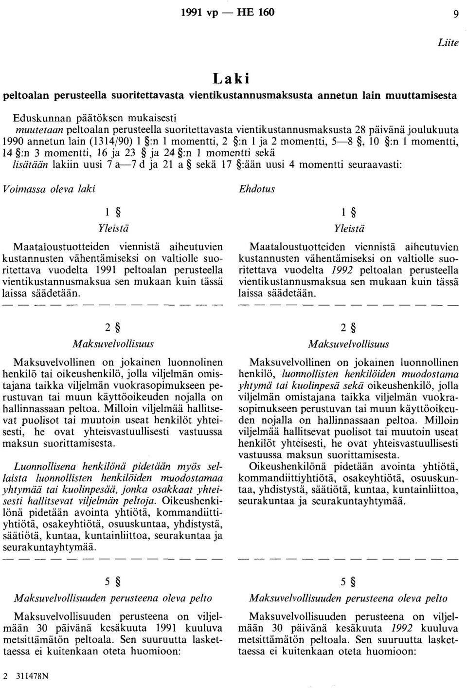 lakiin uusi 7 a-7 d ja 21 a sekä 17 :ään uusi 4 momentti seuraavasti: Voimassa oleva laki 1 Yleistä Maataloustuotteiden viennistä aiheutuvien kustannusten vähentämiseksi on valtiolle suoritettava