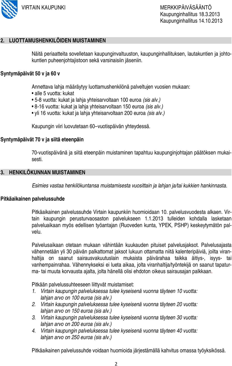 ) 8-16 vuotta: kukat ja lahja yhteisarvoltaan 150 euroa (sis alv.) yli 16 vuotta: kukat ja lahja yhteisarvoltaan 200 euroa (sis alv.) Kaupungin viiri luovutetaan 60 vuotispäivän yhteydessä.