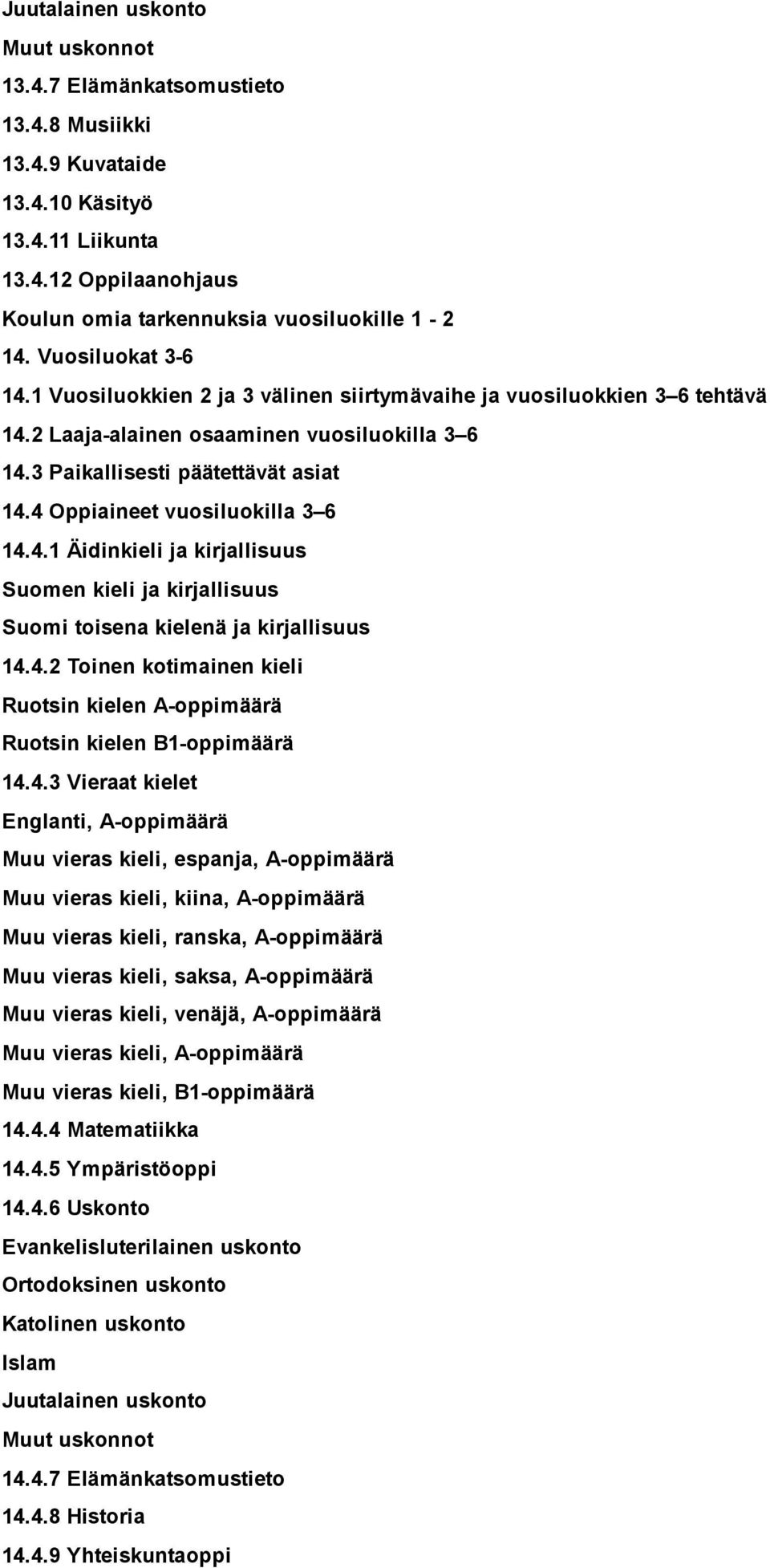 4 Oppiaineet vuosiluokilla 3 6 14.4.1 Äidinkieli ja kirjallisuus Suomen kieli ja kirjallisuus Suomi toisena kielenä ja kirjallisuus 14.4.2 Toinen kotimainen kieli Ruotsin kielen A oppimäärä Ruotsin kielen B1 oppimäärä 14.