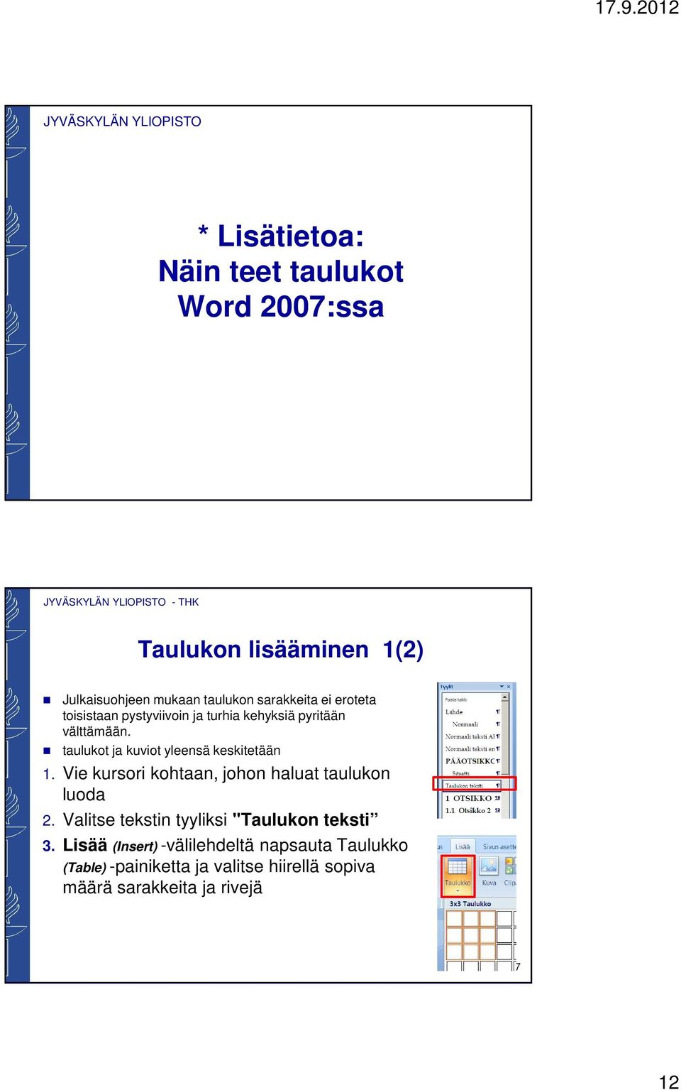 taulukot ja kuviot yleensä keskitetään 1. Vie kursori kohtaan, johon haluat taulukon luoda 2.