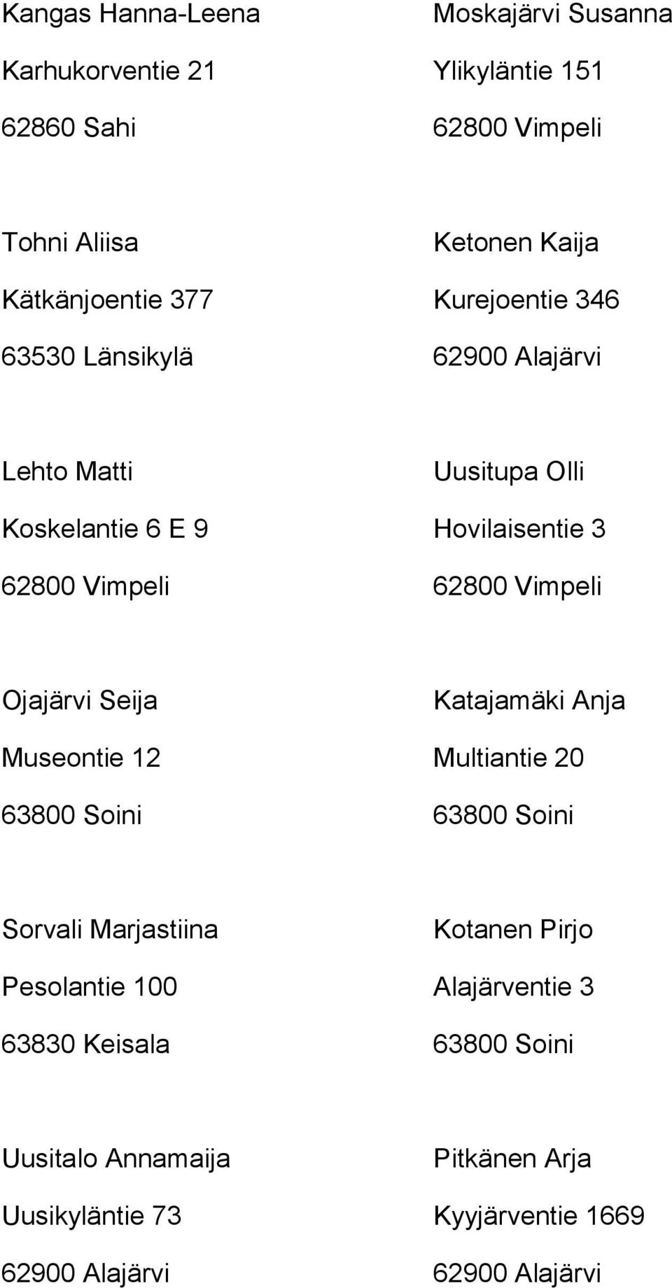 Hovilaisentie 3 Ojajärvi Seija Katajamäki Anja Museontie 12 Multiantie 20 63800 Soini 63800 Soini Sorvali Marjastiina