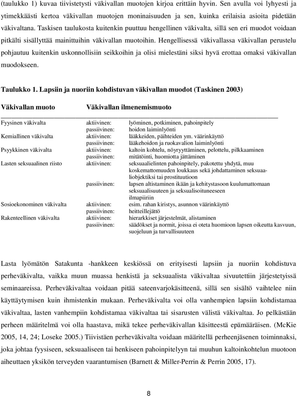 Taskisen taulukosta kuitenkin puuttuu hengellinen väkivalta, sillä sen eri muodot voidaan pitkälti sisällyttää mainittuihin väkivallan muotoihin.