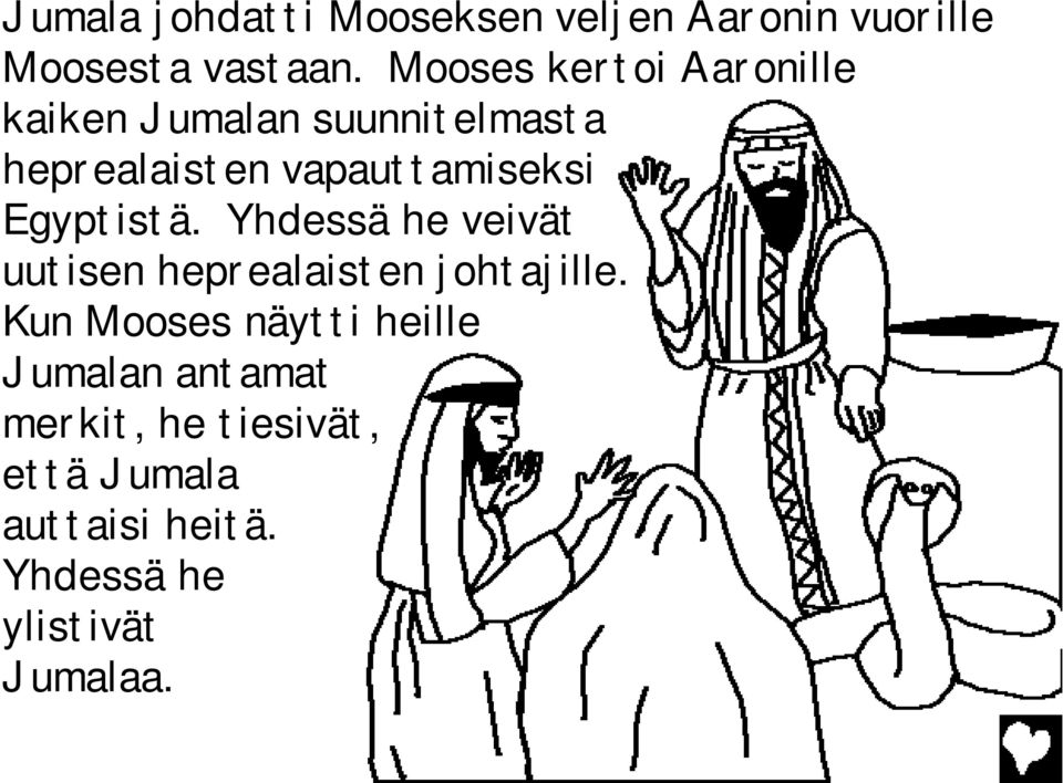 Egyptistä. Yhdessä he veivät uutisen heprealaisten johtajille.