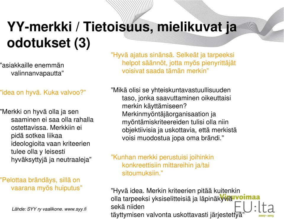 Merkkiin ei pidä sotkea liikaa ideologioita vaan kriteerien tulee olla y leisesti hyväksyttyjä ja neutraaleja Pelottaa brändäys, sillä on vaarana myös huiputus Lähde: SYY ry vaalikone. www.syy.