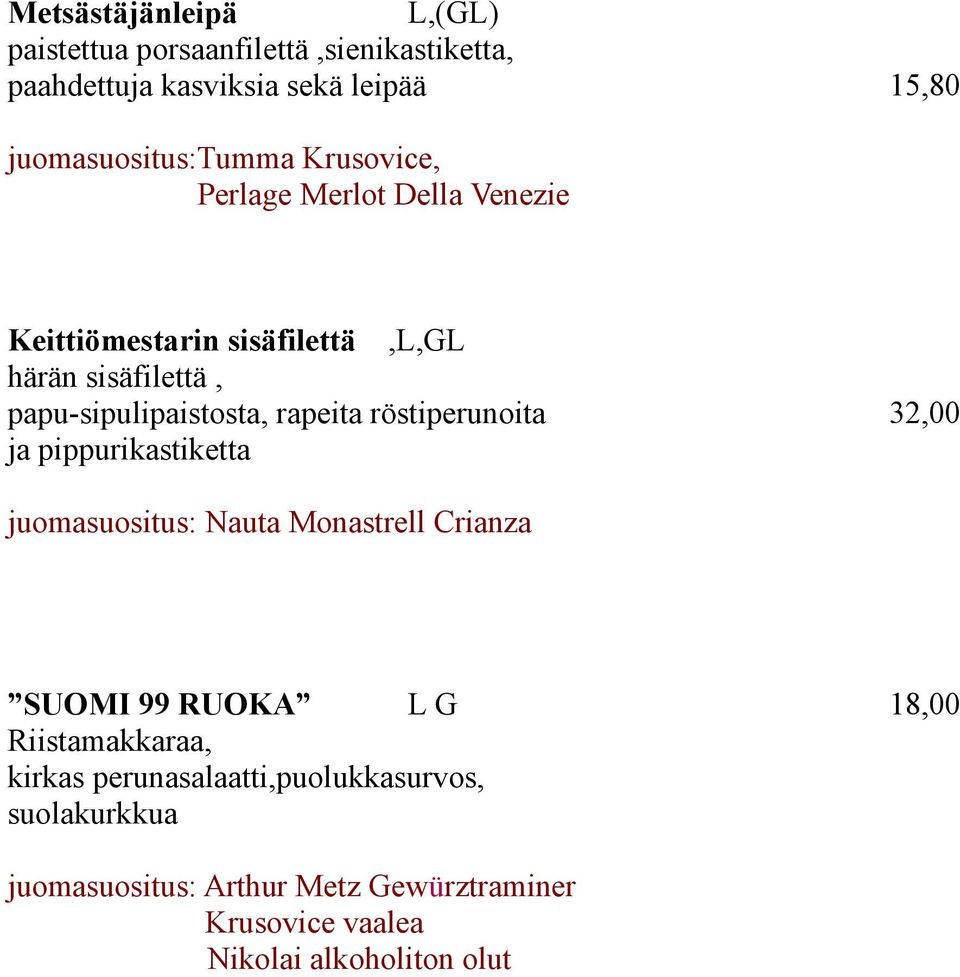 röstiperunoita 32,00 ja pippurikastiketta juomasuositus: Nauta Monastrell Crianza SUOMI 99 RUOKA L G 18,00 Riistamakkaraa,