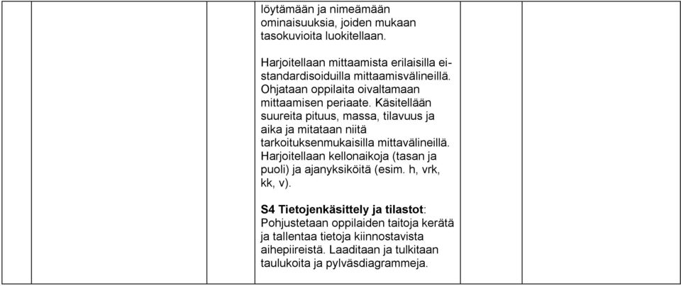 Käsitellään suureita pituus, massa, tilavuus ja aika ja mitataan niitä tarkoituksenmukaisilla mittavälineillä.