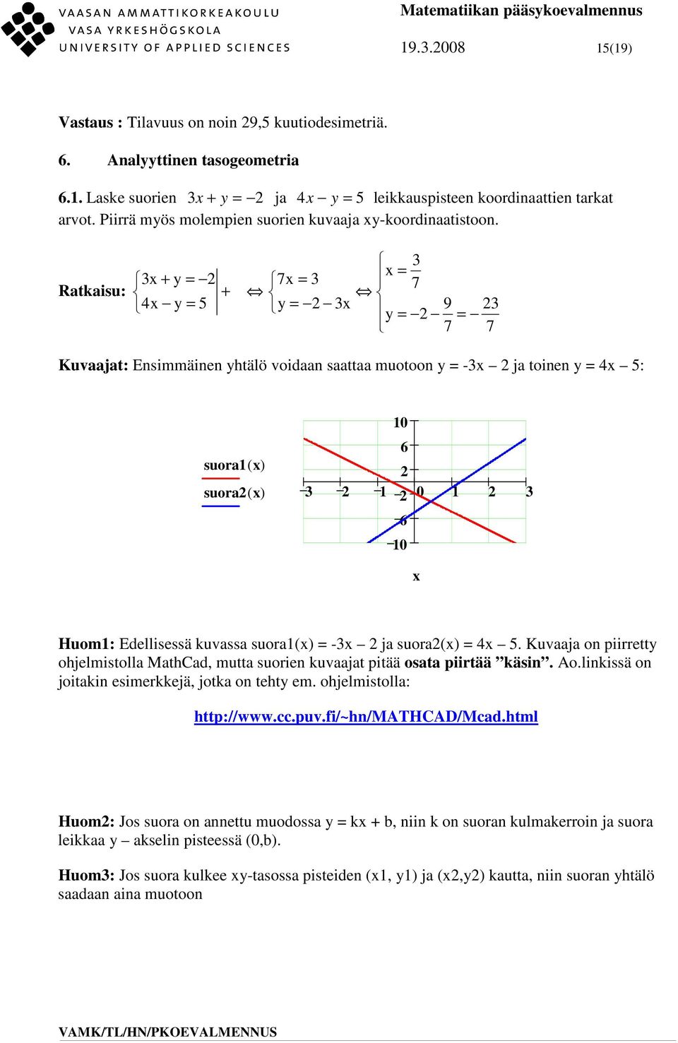 Rtkisu: x = x + y = 7x = 7 + 4x y = 5 y = x 9 y = = 7 7 Kuvjt: Esimmäie yhtälö void stt muotoo y = -x j toie y = 4x 5: suor( x) suor( x) 0 6 0 6 0 x Huom: Edellisessä kuvss suor(x) = -x j