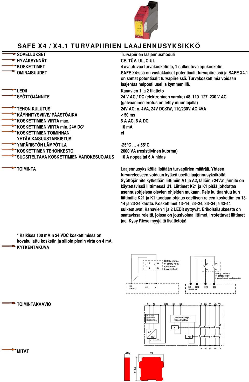 Kanavien 1 ja 2 tilatieto 24 V AC / DC (elektroninen varoke) 48, 110 127, 0 V AC (galvaaninen erotus on tehty muuntajalla) 24V AC: n.