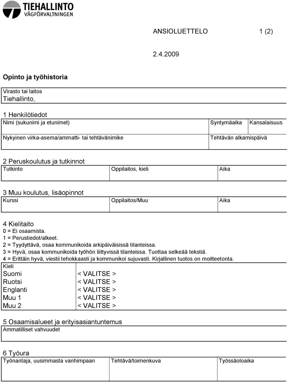 Peruskoulutus ja tutkinnot Tutkinto Oppilaitos, kieli Aika 3 Muu koulutus, lisäopinnot Kurssi Oppilaitos/Muu Aika 4 Kielitaito 0 = Ei osaamista. 1 = Perustiedot/alkeet.