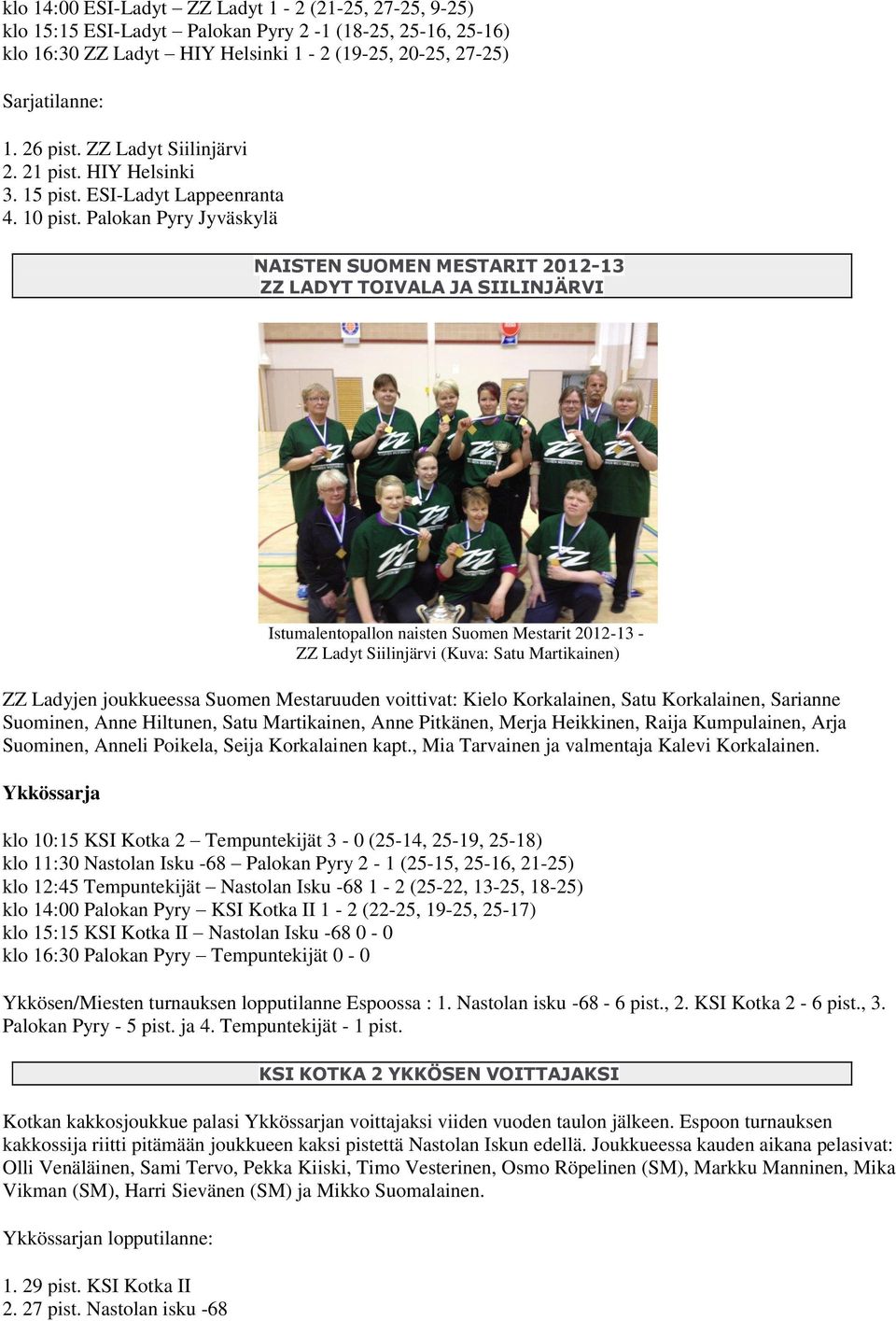 Palokan Pyry Jyväskylä NAISTEN SUOMEN MESTARIT 2012-13 ZZ LADYT TOIVALA JA SIILINJÄRVI Istumalentopallon naisten Suomen Mestarit 2012-13 - ZZ Ladyt Siilinjärvi (Kuva: Satu Martikainen) ZZ Ladyjen