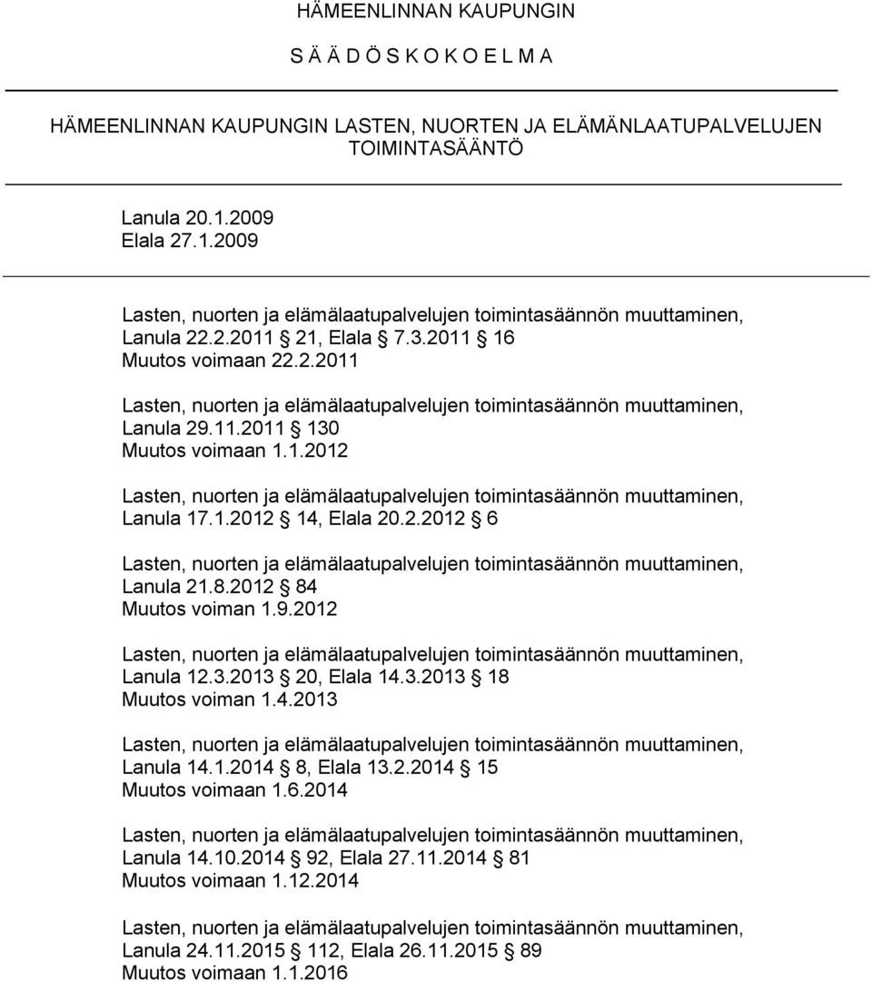 2.2012 6 Lanula 21.8.2012 84 Muutos voiman 1.9.2012 Lanula 12.3.2013 20, Elala 14.3.2013 18 Muutos voiman 1.4.2013 Lanula 14.1.2014 8, Elala 13.2.2014 15 Muutos voimaan 1.