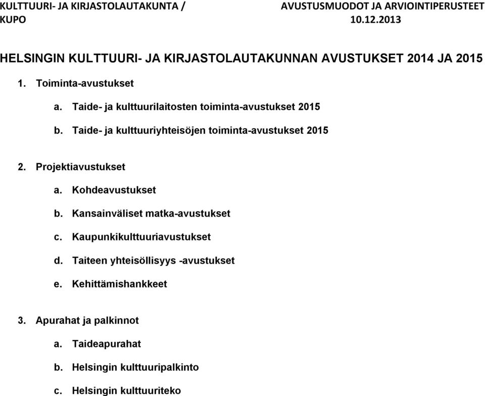 Projektiavustukset a. Kohdeavustukset b. Kansainväliset matka-avustukset c. Kaupunkikulttuuriavustukset d.