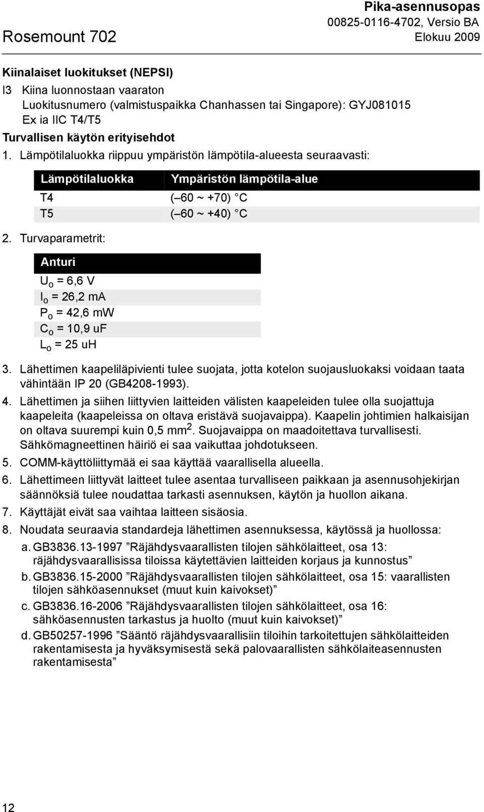 Turvaparametrit: Anturi U o = 6,6 V I o = 26,2 ma P o = 42,6 mw C o = 10,9 uf L o = 25 uh 3.