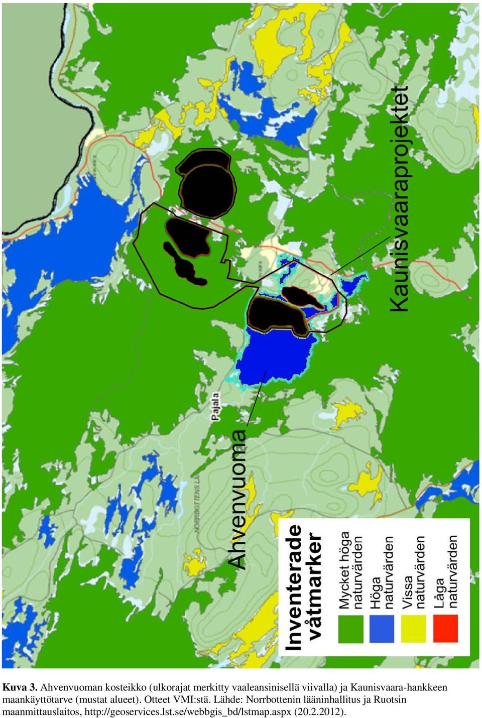 ja Kaunisvaara-hankkeen maankäyttötarve (mustat alueet).