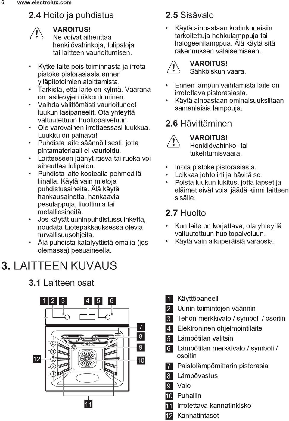 Vaihda välittömästi vaurioituneet luukun lasipaneelit. Ota yhteyttä valtuutettuun huoltopalveluun. Ole varovainen irrottaessasi luukkua. Luukku on painava!