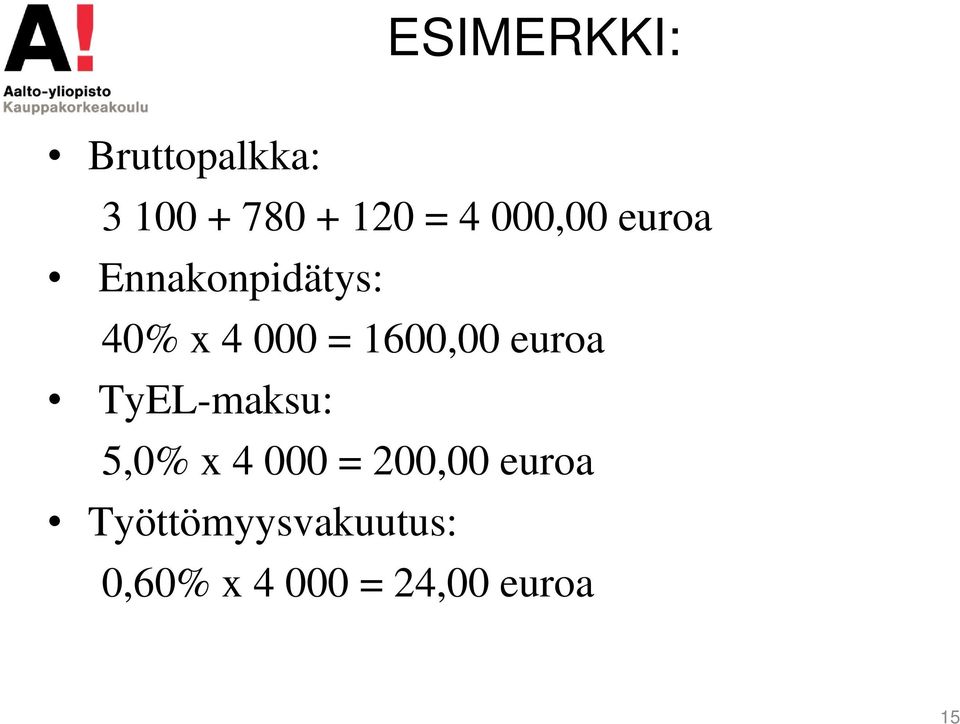 1600,00 euroa TyEL-maksu: 5,0% x 4 000 = 200,00