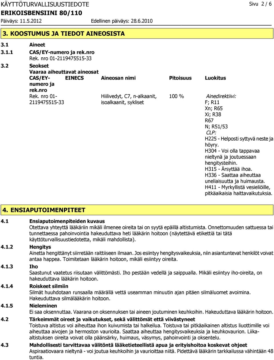 nro 01-2119475515-33 Hiilivedyt, C7, n-alkaanit, isoalkaanit, sykliset 100 % Ainedirektiivi: F; R11 Xn; R65 Xi; R38 R67 N; R51/53 CLP: H225 - Helposti syttyvä neste ja höyry.