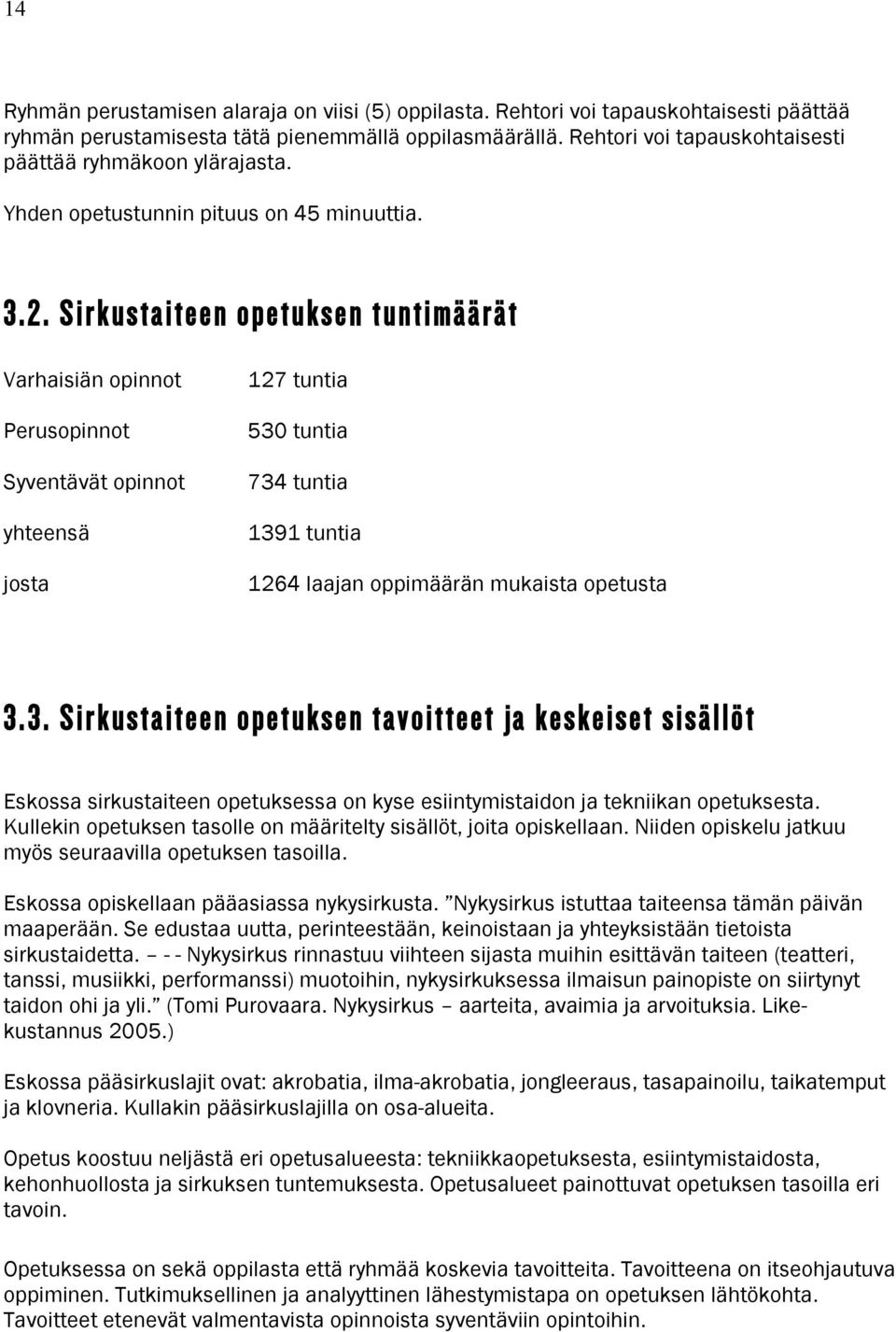 Sirkustaiteen opetuksen tuntimäärät Varhaisiän opinnot Perusopinnot Syventävät opinnot yhteensä josta 127 tuntia 530