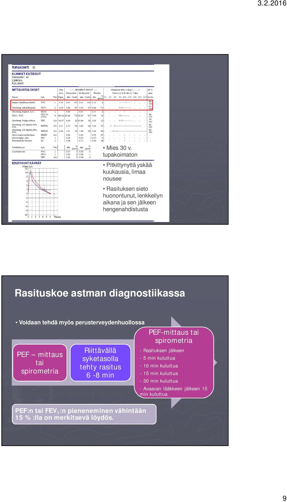 hengenahdistusta Rasituskoe astman diagnostiikassa Voidaan tehdä myös perusterveydenhuollossa PEF mittaus tai spirometria Riittävällä