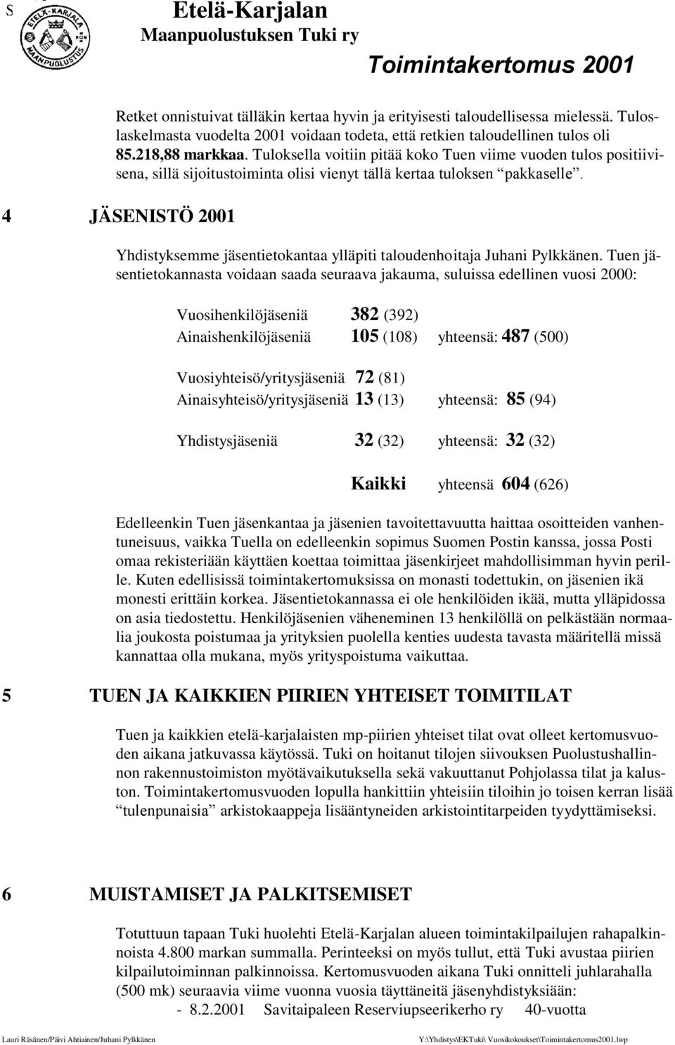 4 JÄSENISTÖ 2001 Yhdistyksemme jäsentietokantaa ylläpiti taloudenhoitaja Juhani Pylkkänen.