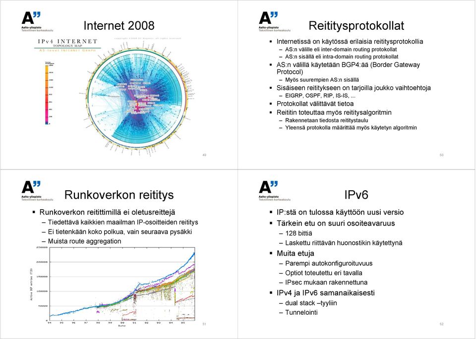 .. Protokollat välittävät tietoa Reititin toteuttaa myös reititysalgoritmin Rakennetaan tiedosta reititystaulu Yleensä protokolla määrittää myös käytetyn algoritmin 49 50 Runkoverkon reititys