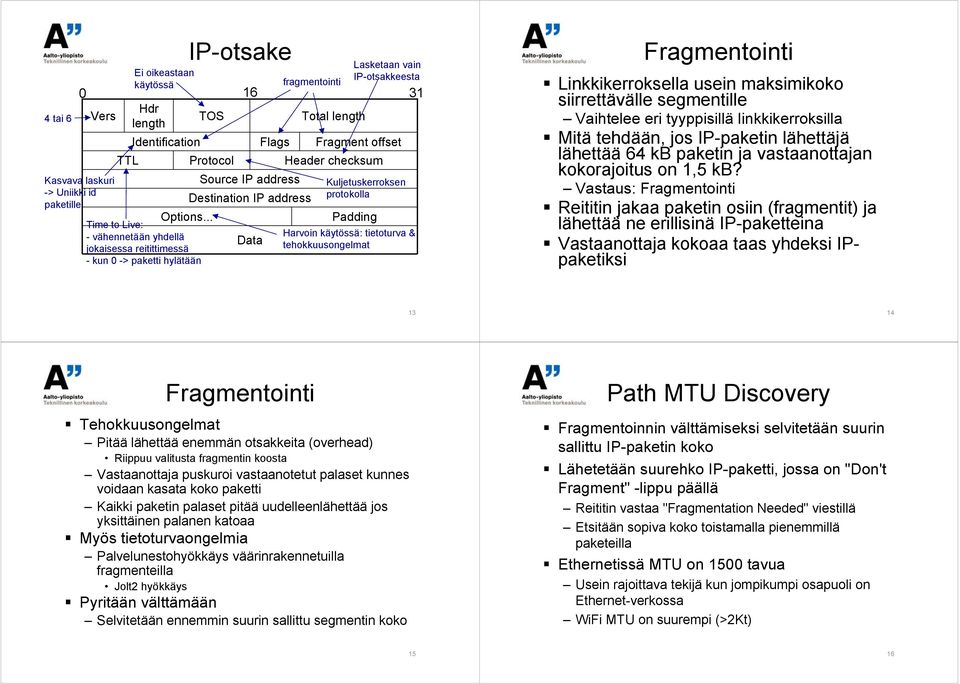 .. Time to Live: - vähennetään yhdellä jokaisessa reitittimessä - kun 0 -> paketti hylätään Source IP address Destination IP address Flags Fragment offset Header checksum Kuljetuskerroksen protokolla