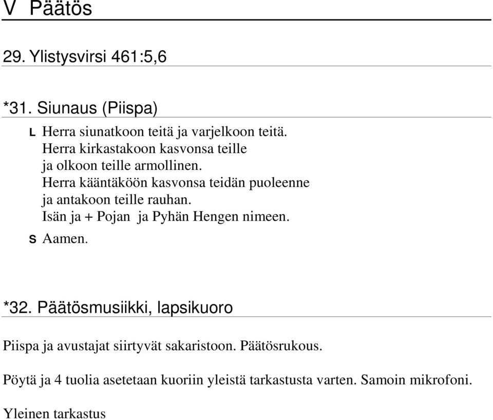 Herra kääntäköön kasvonsa teidän puoleenne ja antakoon teille rauhan. Isän ja + Pojan ja Pyhän Hengen nimeen. Aamen.