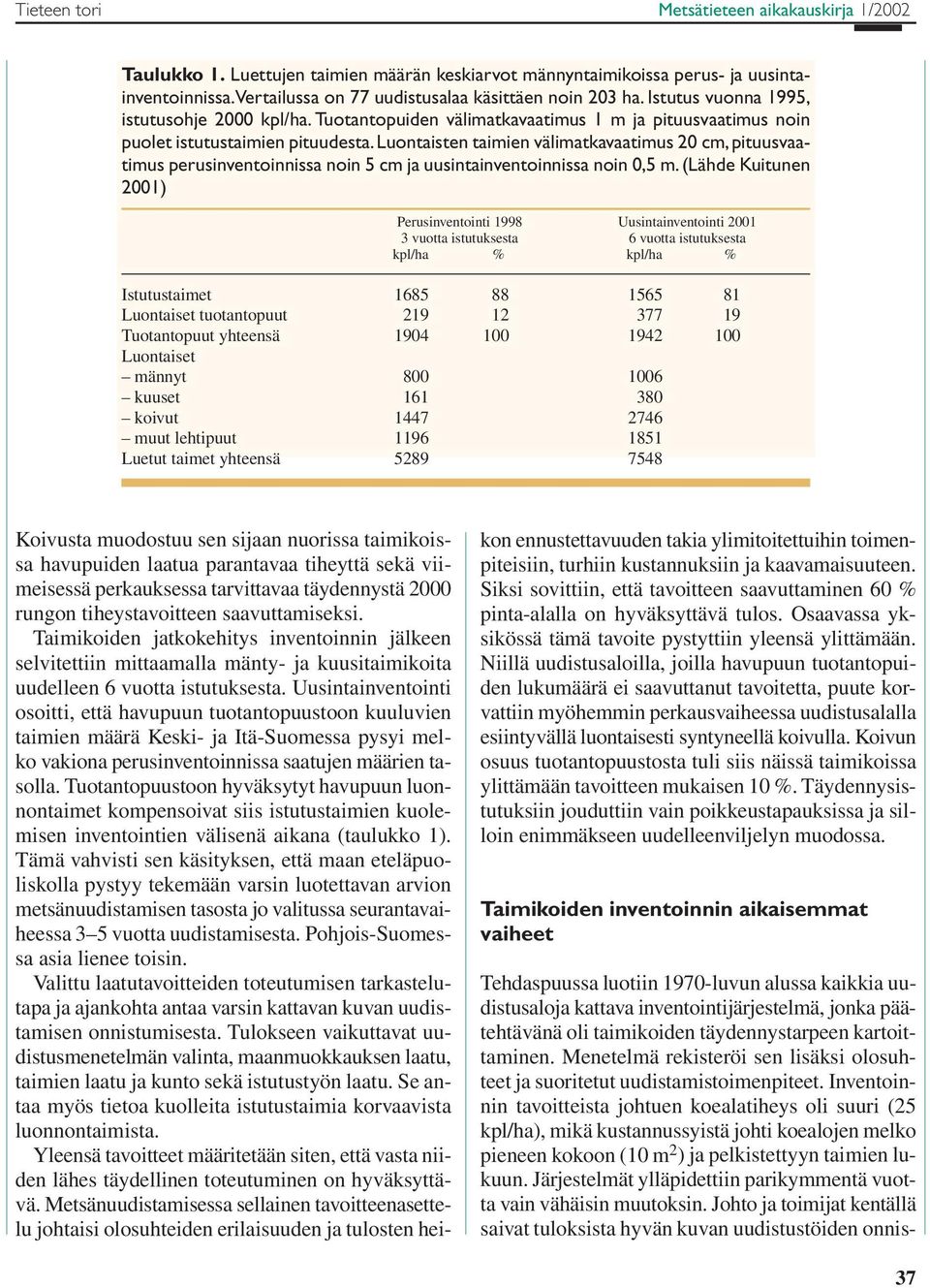 Luontaisten taimien välimatkavaatimus 2 cm, pituusvaatimus perusinventoinnissa noin 5 cm ja uusintainventoinnissa noin,5 m.