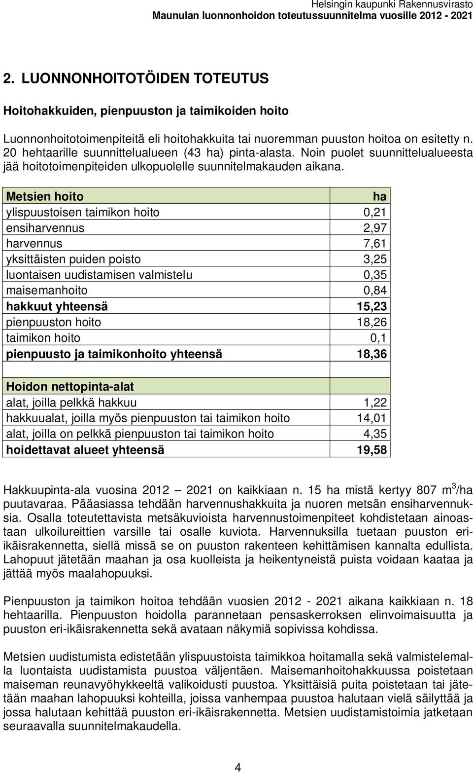 20 hehtaarille suunnittelualueen (43 ha) pinta-alasta. Noin puolet suunnittelualueesta jää hoitotoienpiteiden ulkopuolelle suunnitelakauden aikana.