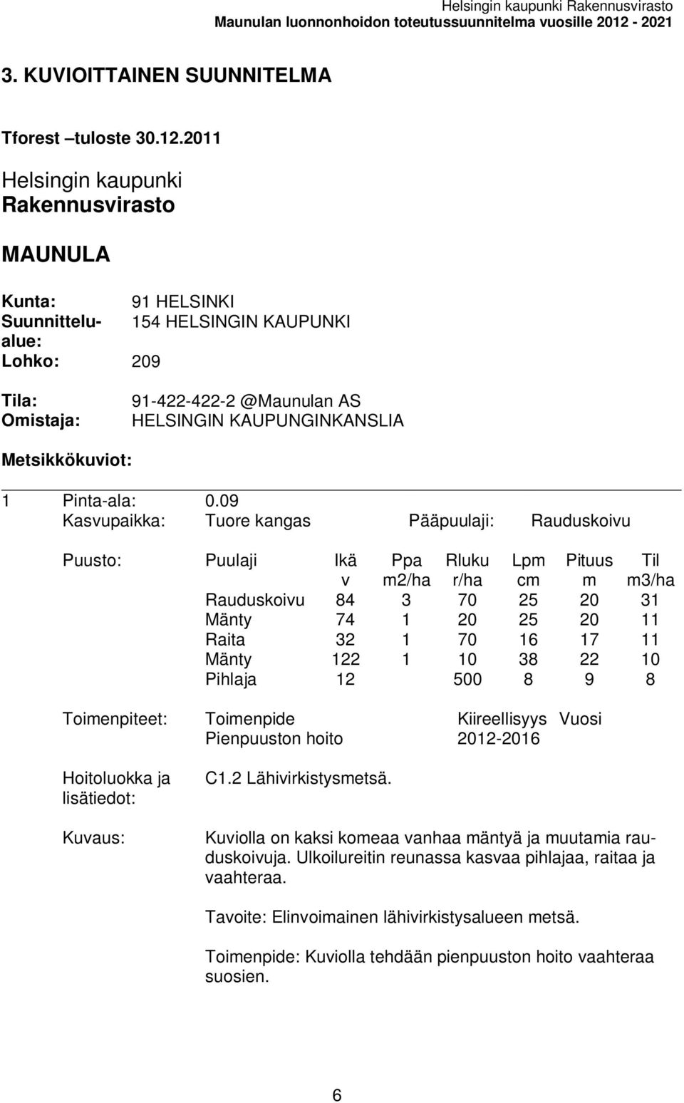 2011 Helsingin kaupunki Rakennusirasto MAUNULA Kunta: 91 HELSINKI Suunnittelualue: 154 HELSINGIN KAUPUNKI Lohko: 209 a: Oistaja: 91-422-422-2 @Maunulan AS HELSINGIN KAUPUNGINKANSLIA Metsikkökuiot: 1